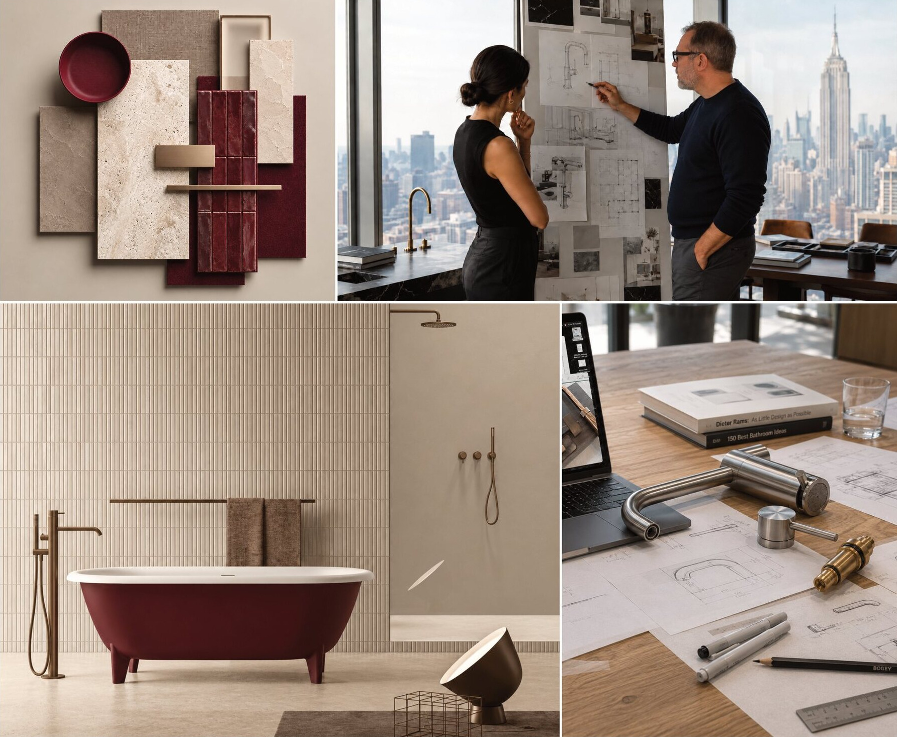 Material samples, design review, a red bathtub and fittings on a drawing table