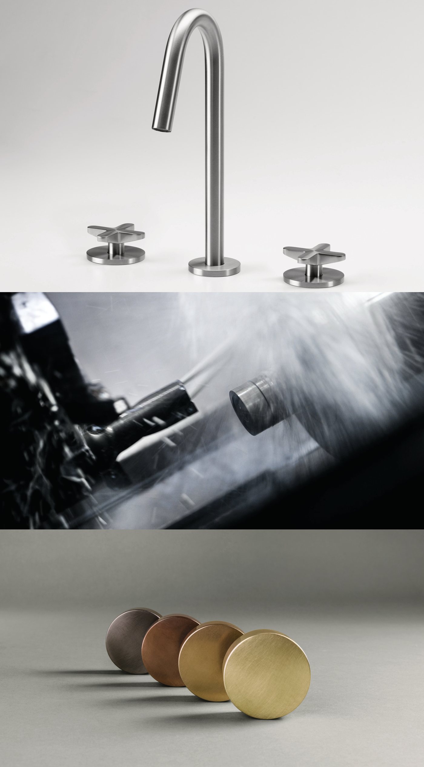 Faucets in brushed stainless steel and finish samples